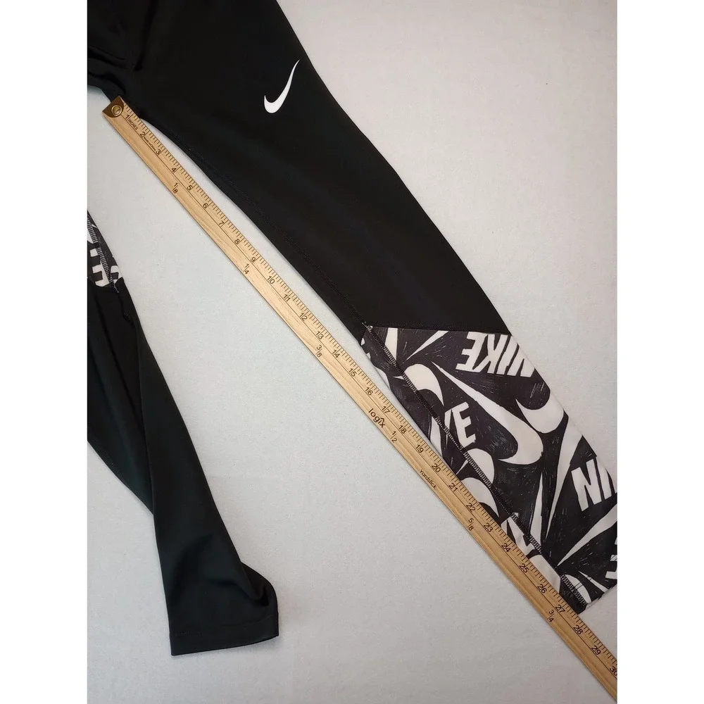 Nike Dri-Fit Leggings Girls XL Black White Swoosh Logo Graphic Activewear
